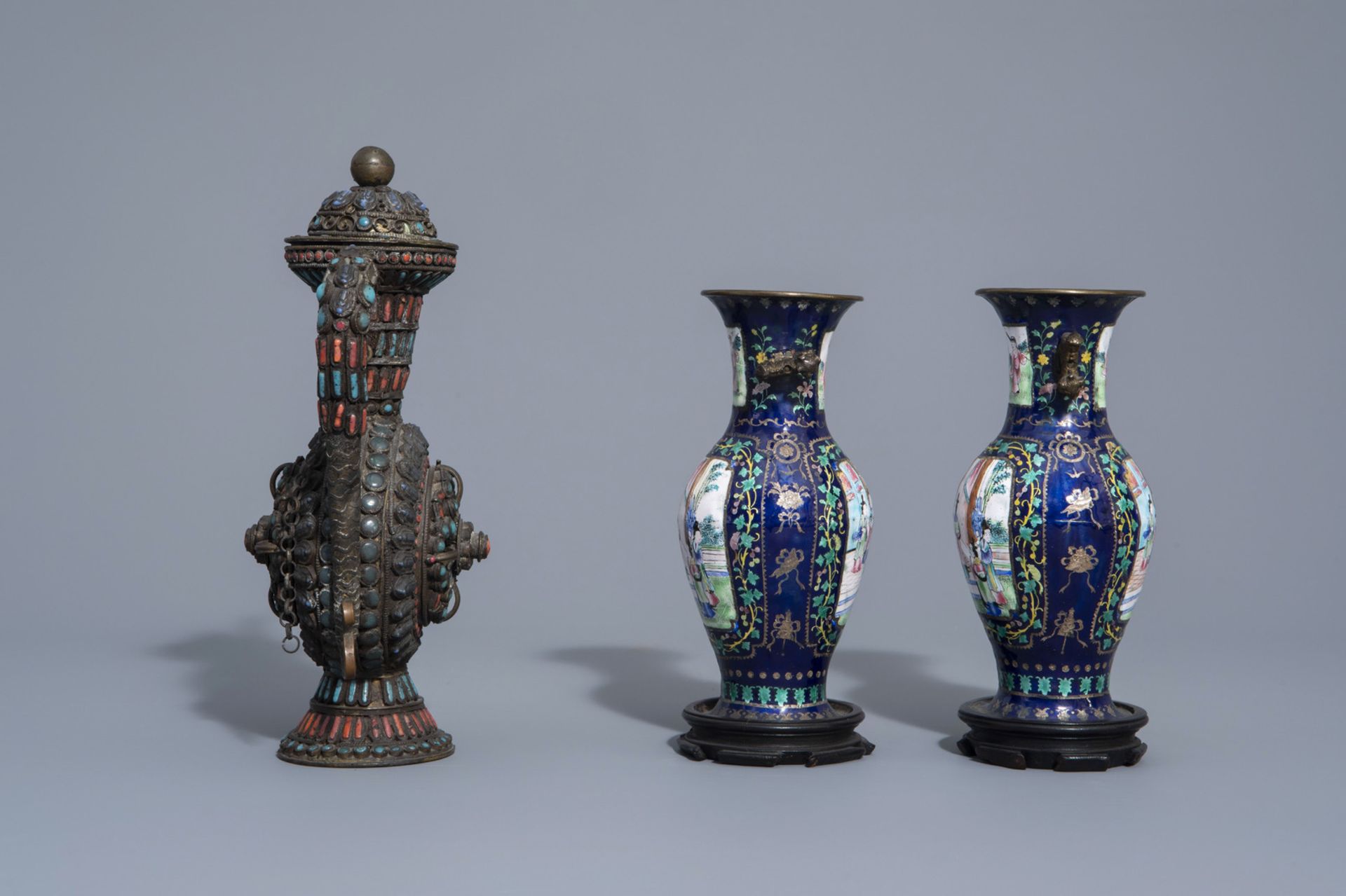 A Chinese silver box and cover with floral design, a pair of cloisonnŽ vases and a Tibetan ewer with - Image 3 of 17