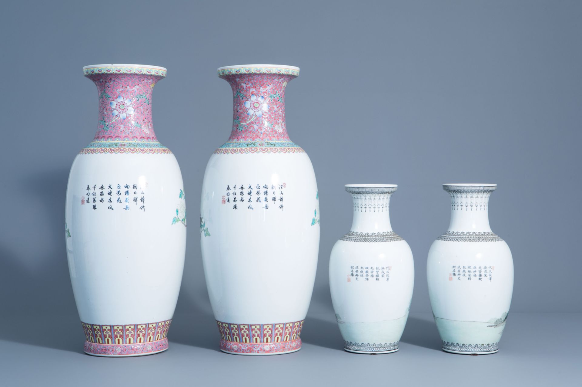 Two pairs of Chinese famille rose vases with warrior scenes and blossoming branches, 20th C. - Image 4 of 7