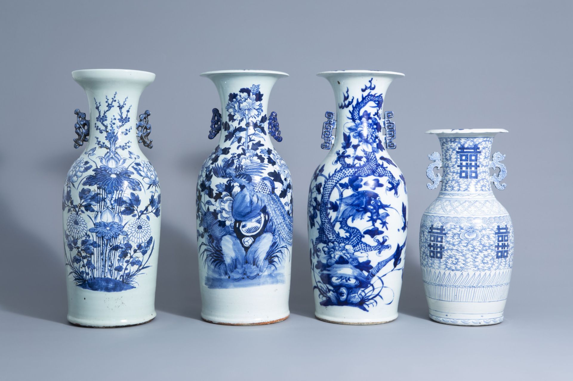 Three Chinese blue and white celadon ground vases with different designs and a blue and white vase, - Bild 2 aus 10