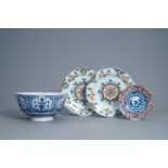 A large blue and white English Delftware bowl with floral design, a pair of polychrome dishes and a