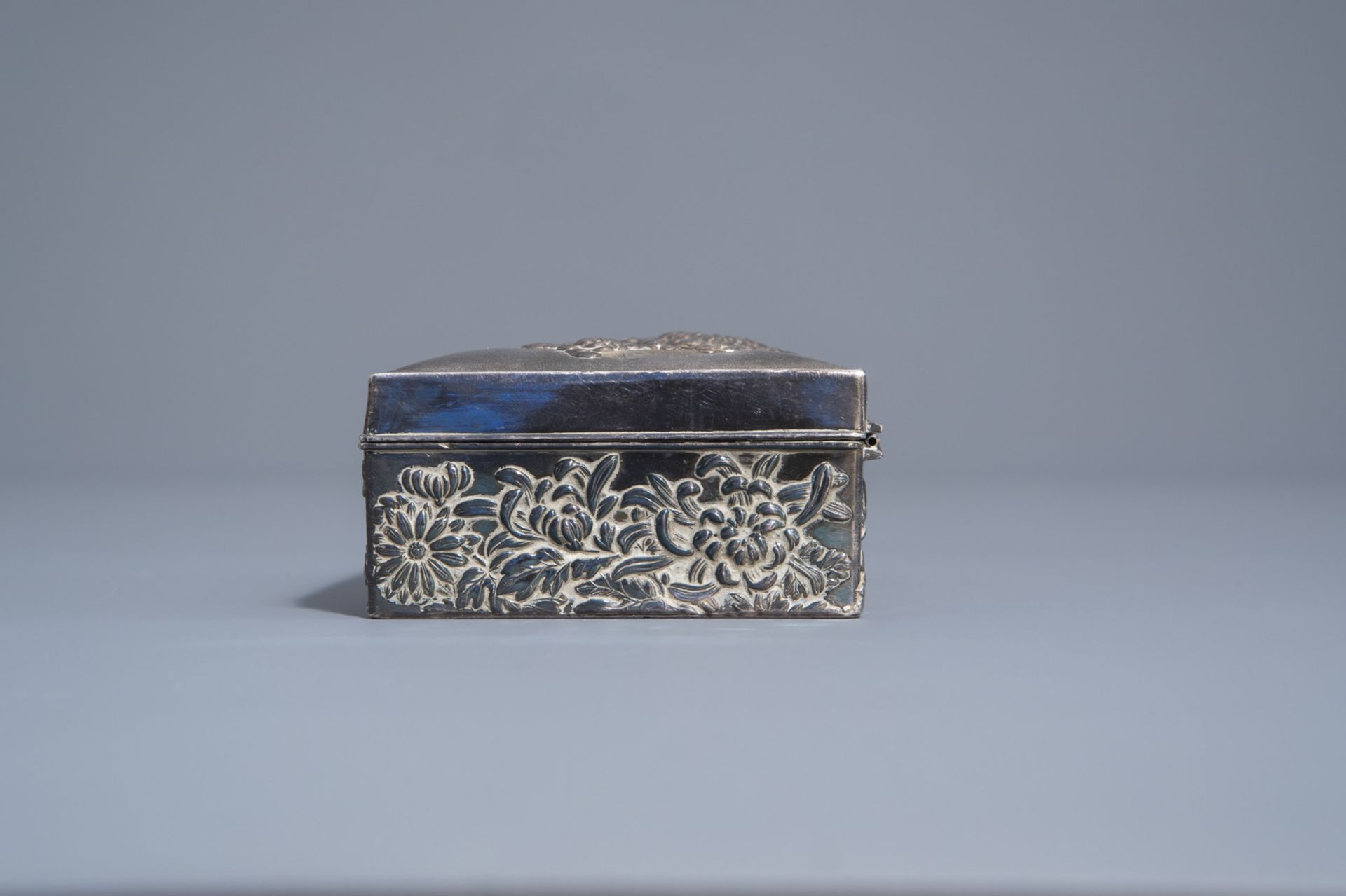 A Chinese silver box and cover with floral design, a pair of cloisonnŽ vases and a Tibetan ewer with - Image 12 of 17