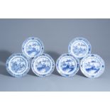 Six Chinese octagonal blue and white 'landscape' plates, Qianlong