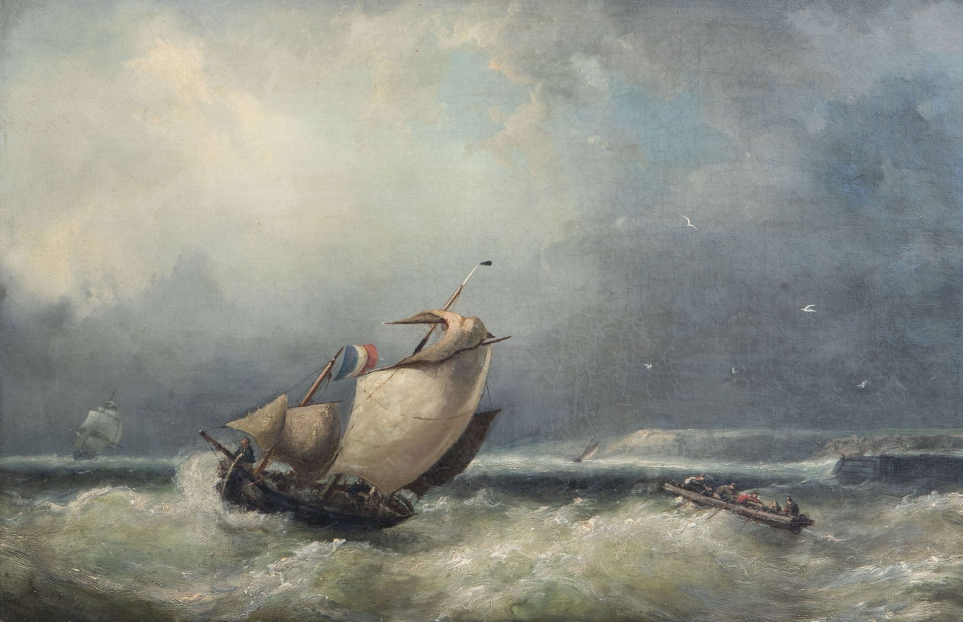 Nicholaas Riegen (1827-1899): Boats at see in a storm, oil on canvas