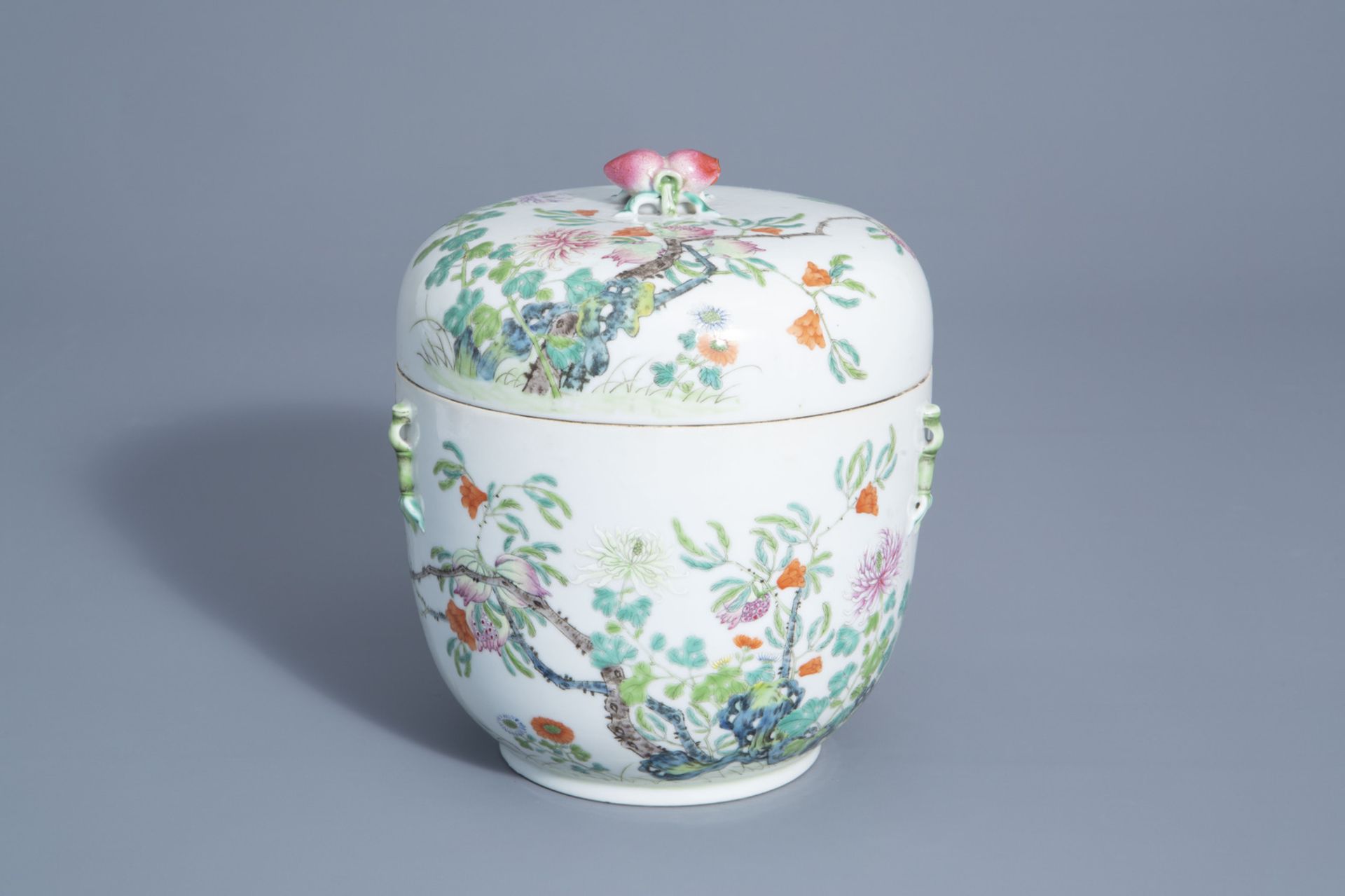 A Chinese famille rose jar and cover with floral and relief design, 19th/20th C.