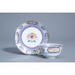 A Chinese famille rose Portuguese market armorial 'Count of Barca' tea bowl and saucer, Jiaqing