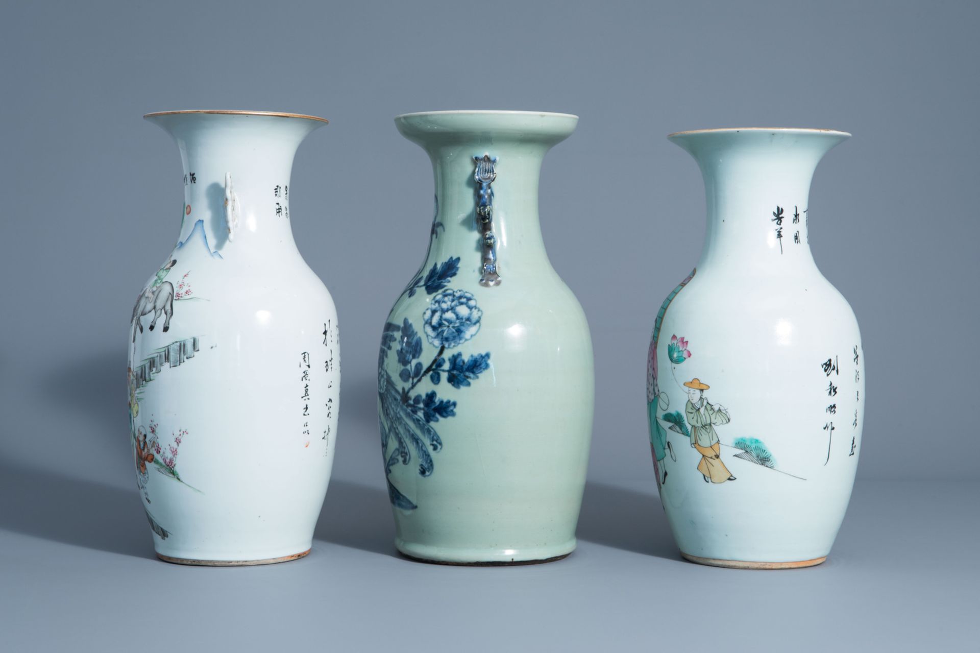 Three various Chinese famille rose and blue and white on celadon ground vases, 19th/20th C. - Image 4 of 6
