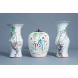 Two Chinese famille rose yenyen vases and a ginger jar with different designs, 19th/20th C.