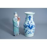 A Chinese famille rose 'Star God' figure and a blue and white celadon vase, 19th C.