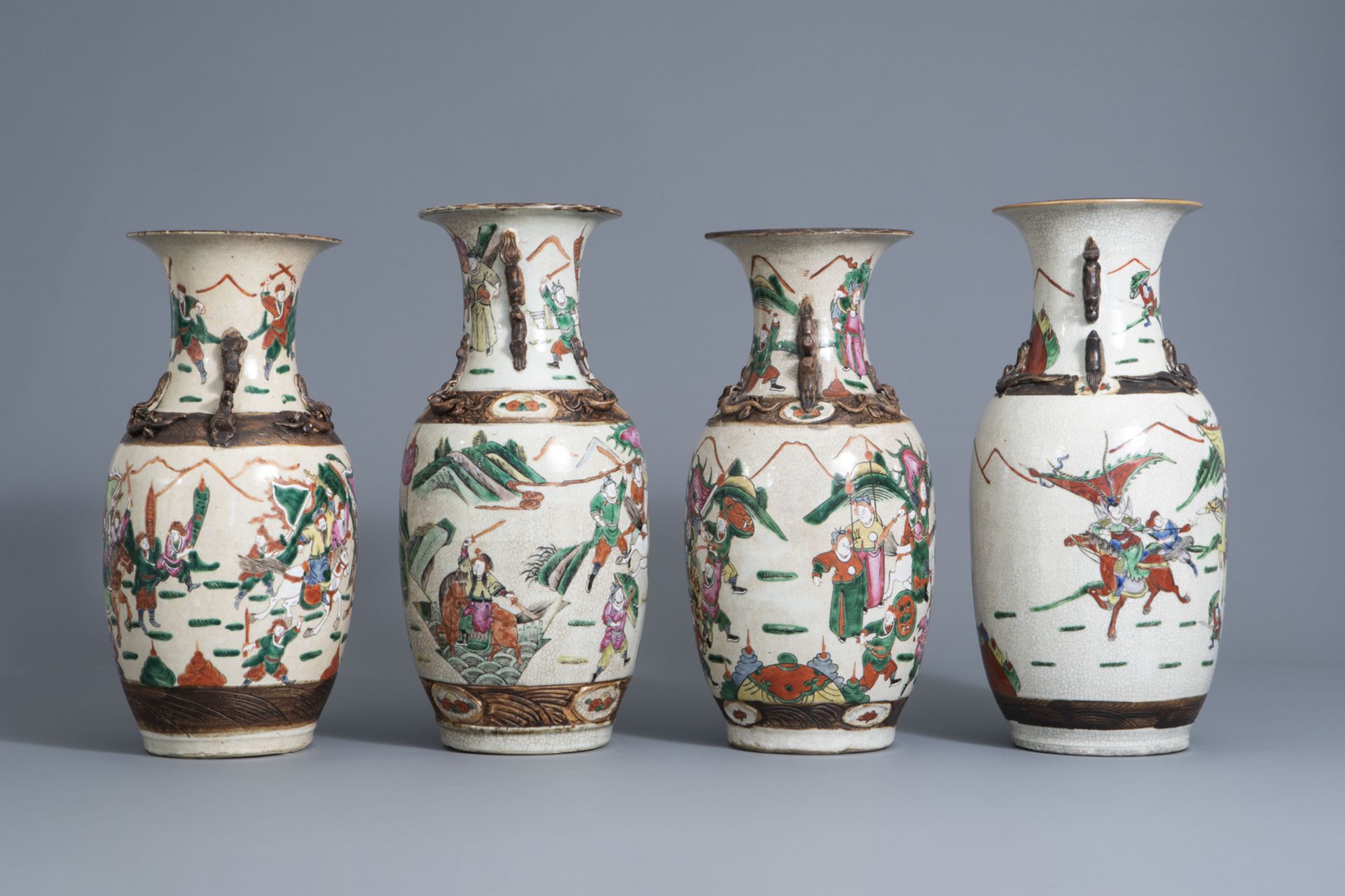 Four Chinese Nanking crackle glazed famille rose vases with warrior scenes, 19th/20th C. - Image 2 of 6