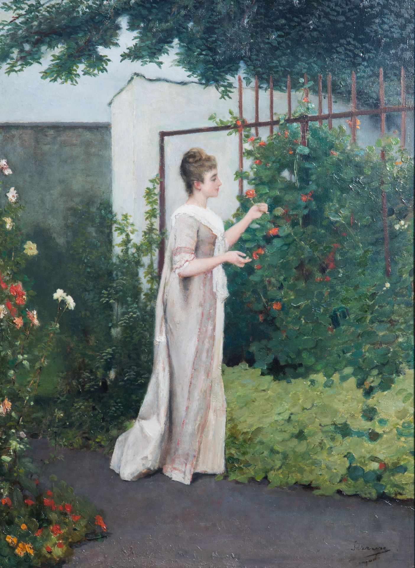 Auguste Serrure (1825-1903, in the manner of): Young lady in a flower garden, oil on panel