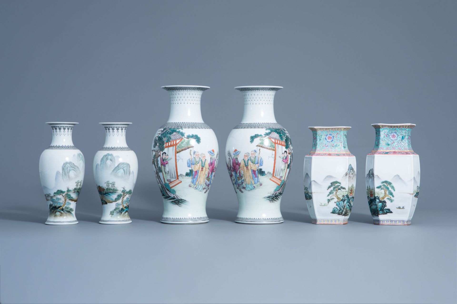 Three pairs of Chinese famille rose vases, 20th C. - Image 2 of 7