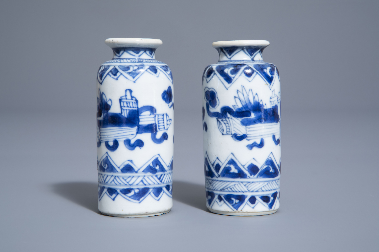 A pair of Chinese blue and white miniature rouleau vases, Kangxi - Image 2 of 7