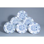 Six large Chinese blue and white plates with floral design, Yongzheng