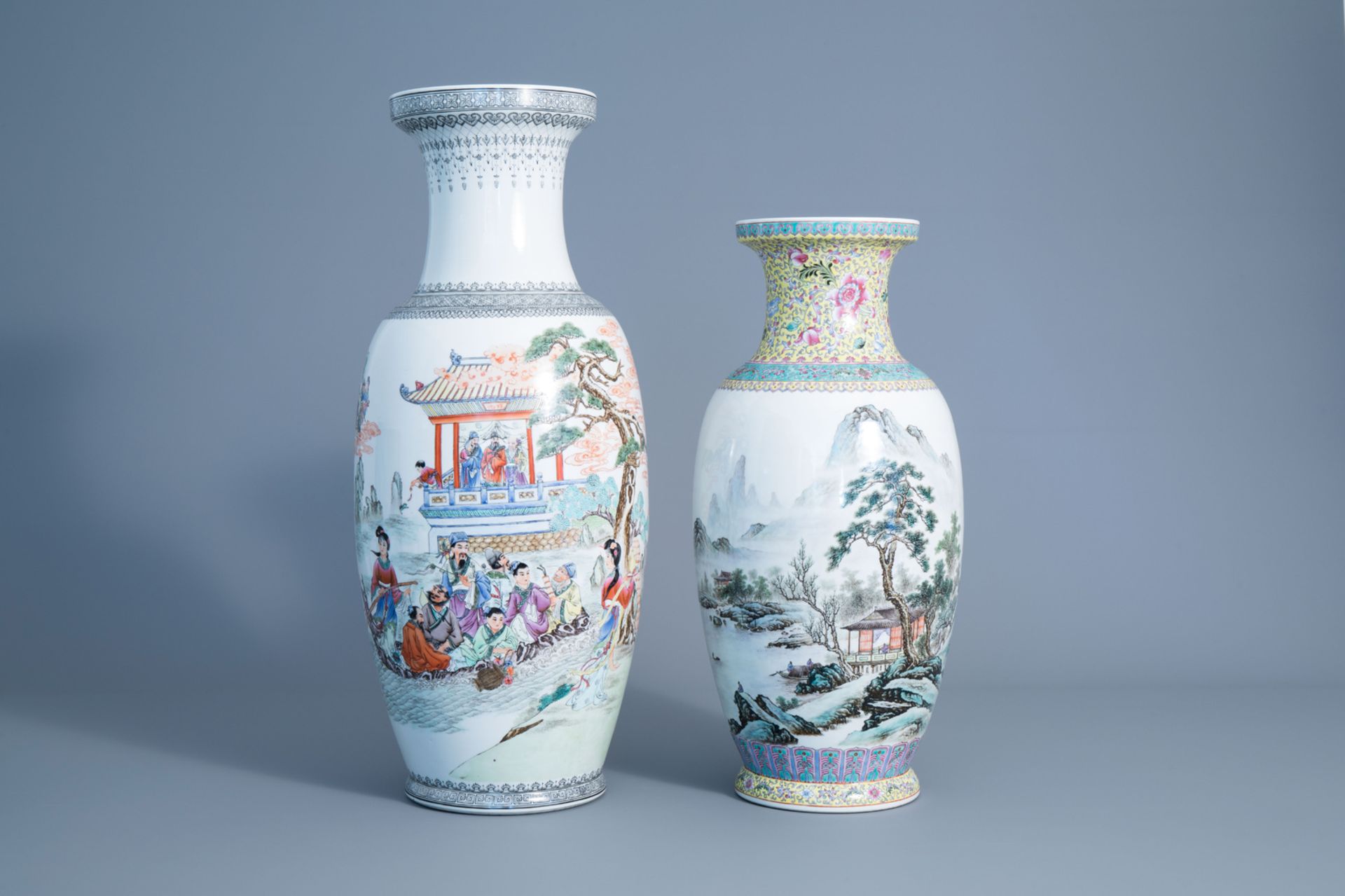 Two various Chinese famille rose vases, a charger and two jars, 20th C. - Image 2 of 15