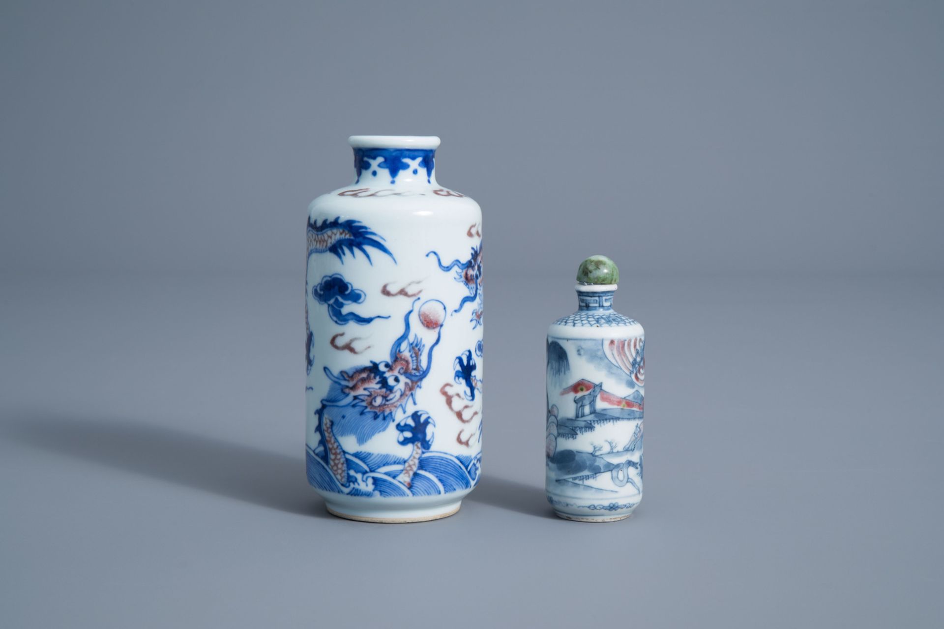 Two Chinese blue, white and copper red 'dragon' snuff bottles, 19th C. - Image 2 of 6