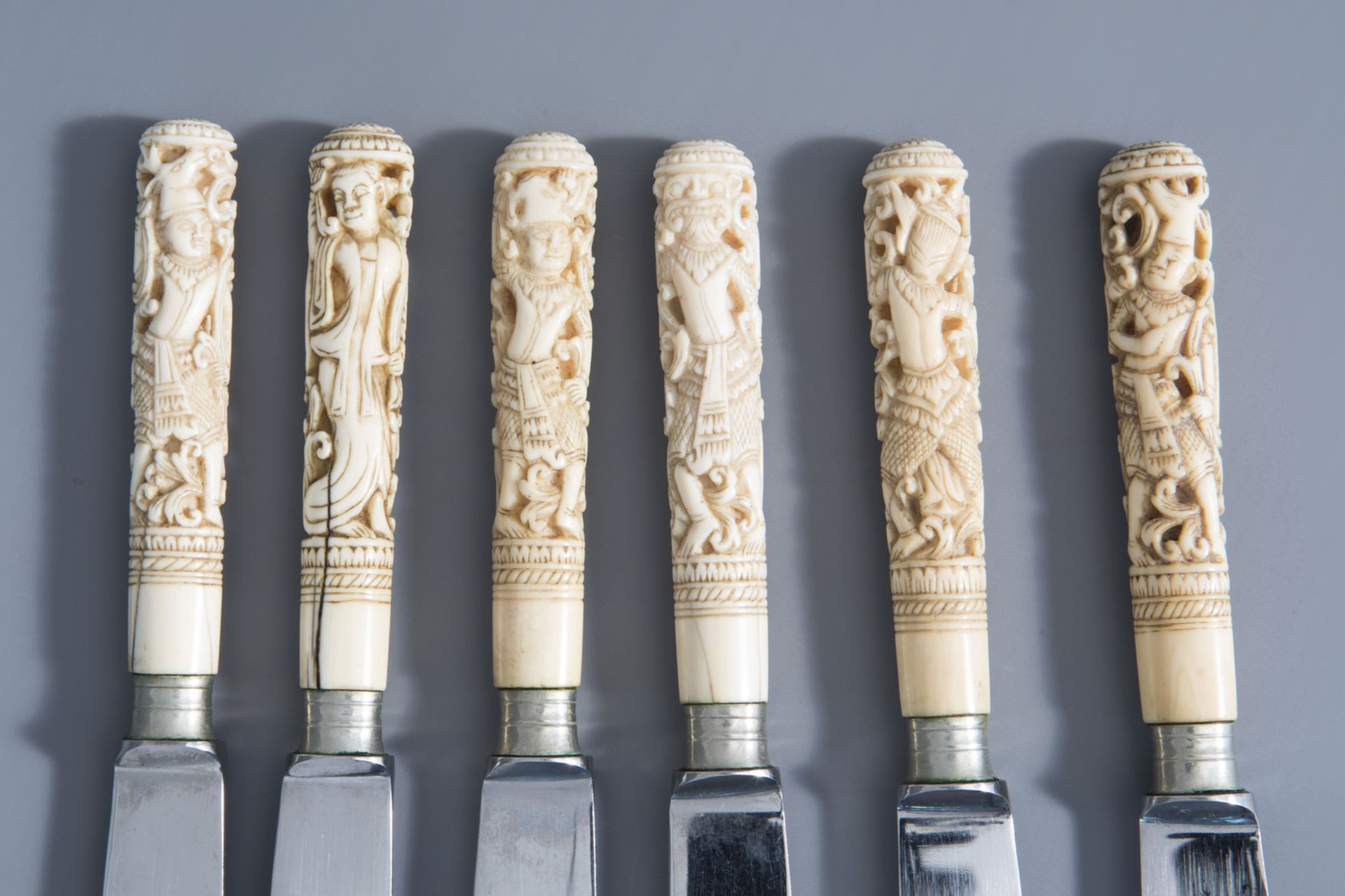 Six knives with carved ivory handles with dancing figures, India or Indonesia, 19th C. - Image 3 of 4