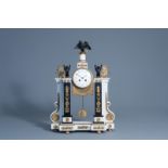 A French white and black marble gilt bronze mounted 'Return of Egypt' style portico clock, 19th C.