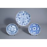 Three Chinese blue and white plates with floral design, Kangxi