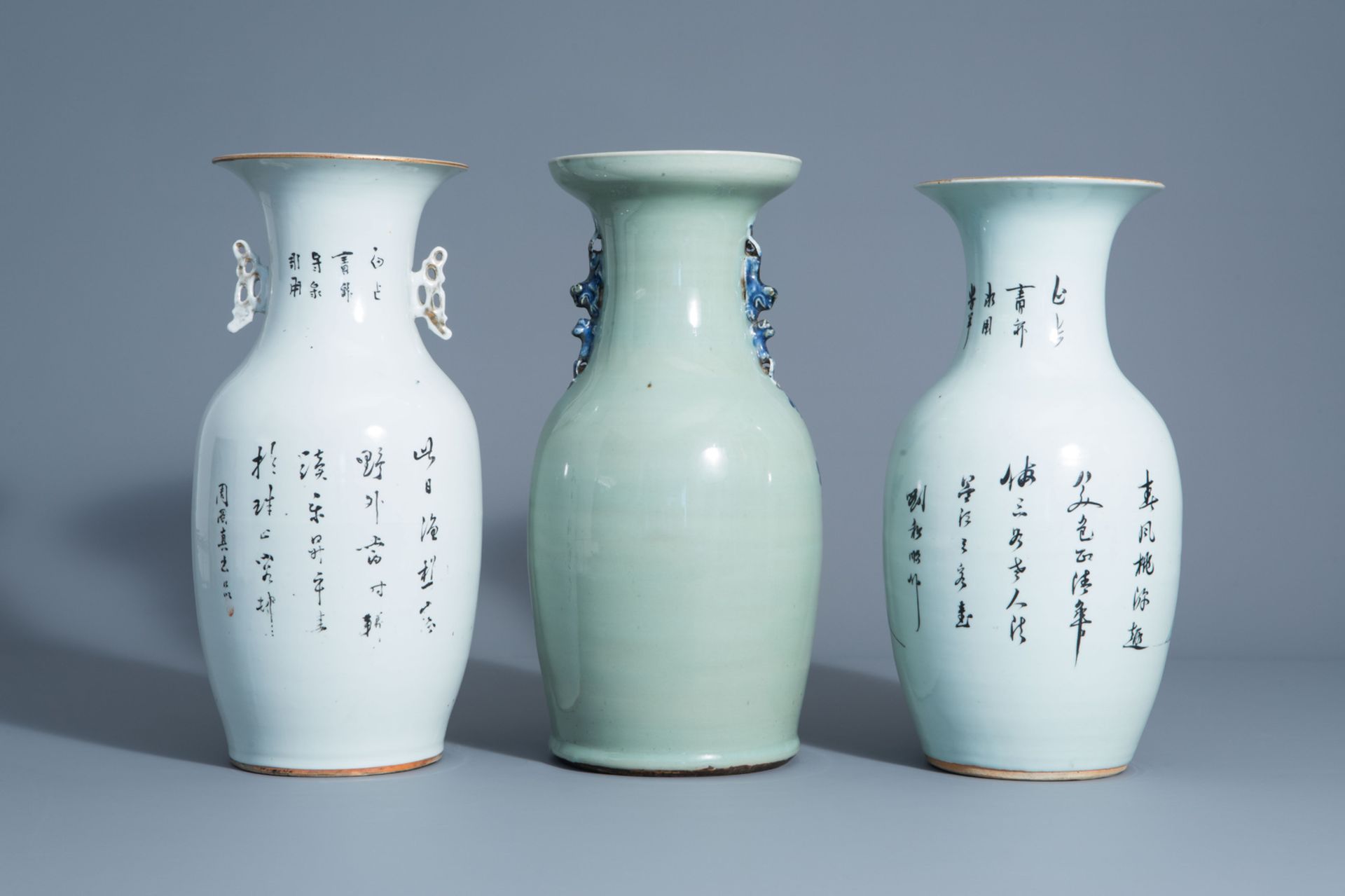 Three various Chinese famille rose and blue and white on celadon ground vases, 19th/20th C. - Image 3 of 6