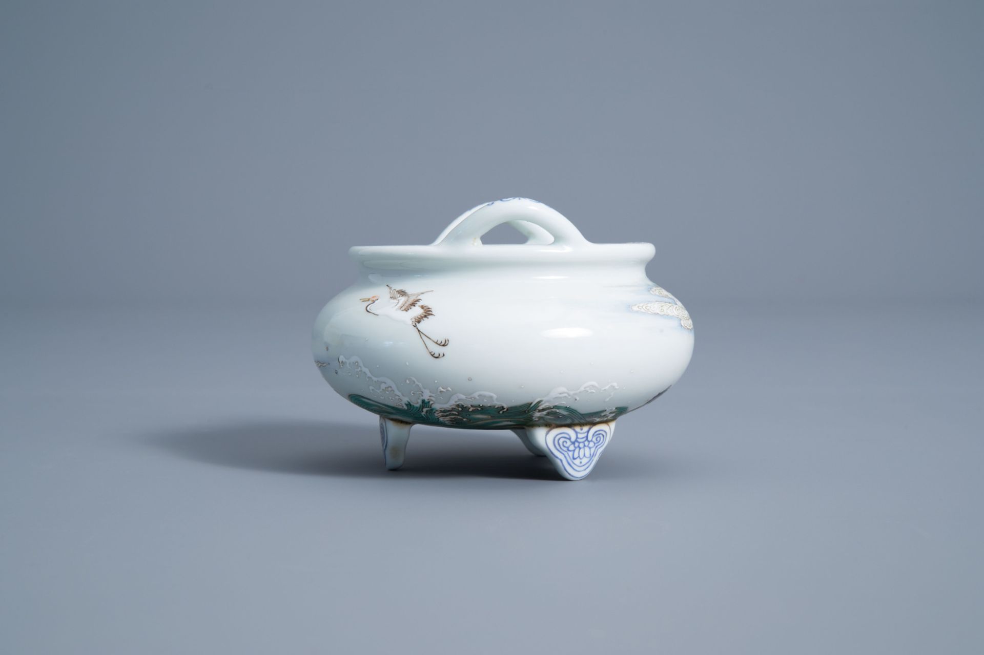 A Chinese famille rose tripod censer, Qianlong mark, 20th C. - Image 5 of 7