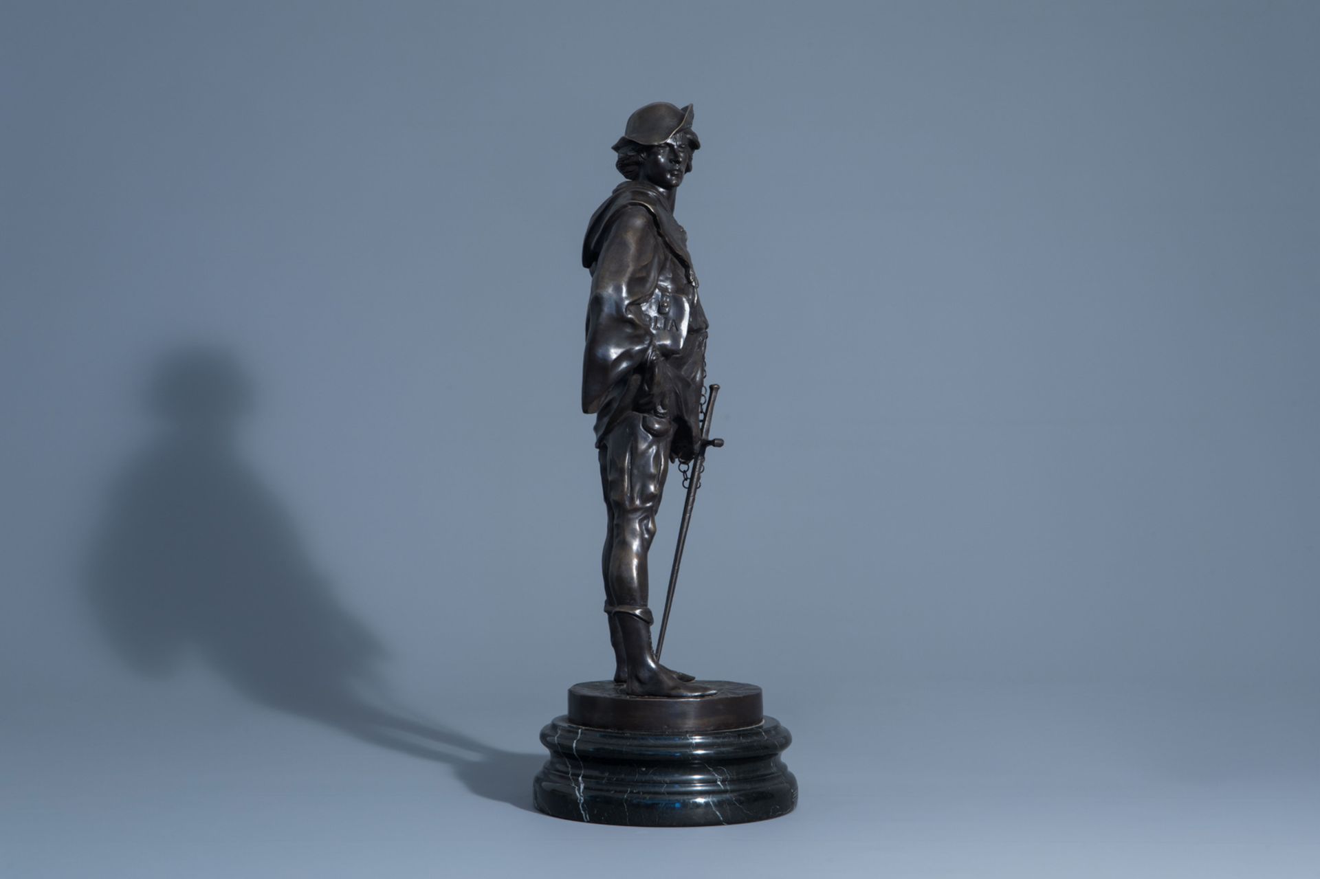 Emile Louis Picault (1833-1915): 'Escholier', patinated bronze on a marble base - Image 3 of 9
