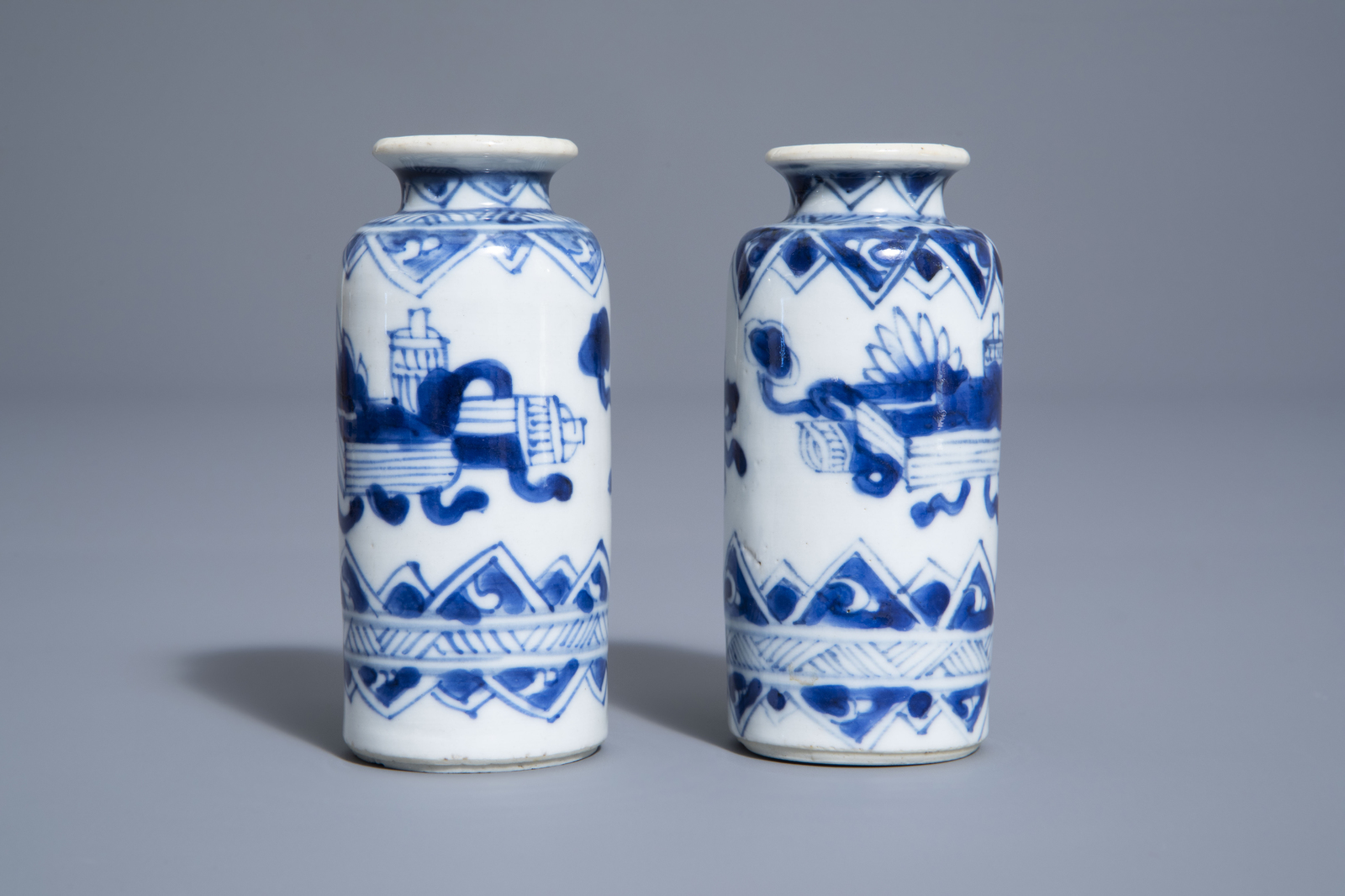 A pair of Chinese blue and white miniature rouleau vases, Kangxi - Image 4 of 7