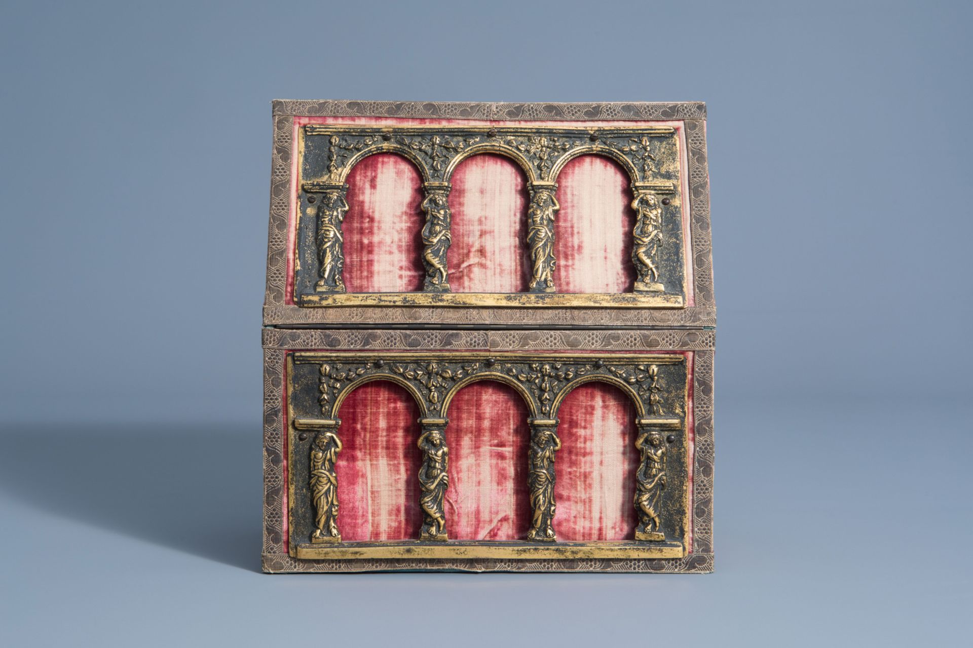 A Gothic revival wooden reliquary box with gilt bronze mounts and bone Embriacchi style carvings, Fr - Image 6 of 12
