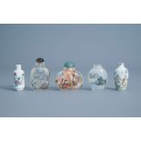 Five Chinese inside-painted glass and porcelain snuff bottles, 19th/20th C.