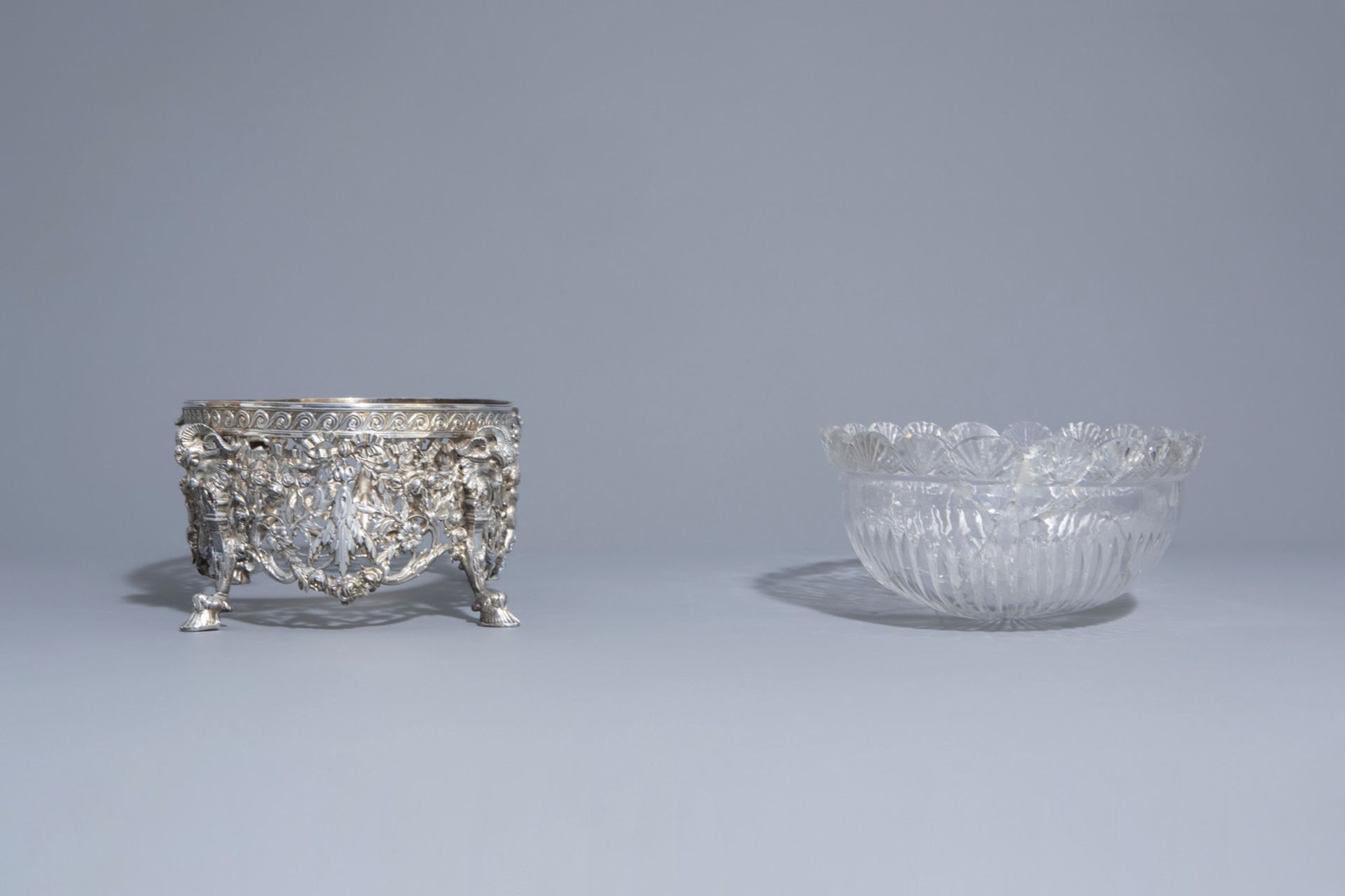 An imposing silver centerpiece with love theme and floral design with accompanying bowl, France, 19t - Image 5 of 10