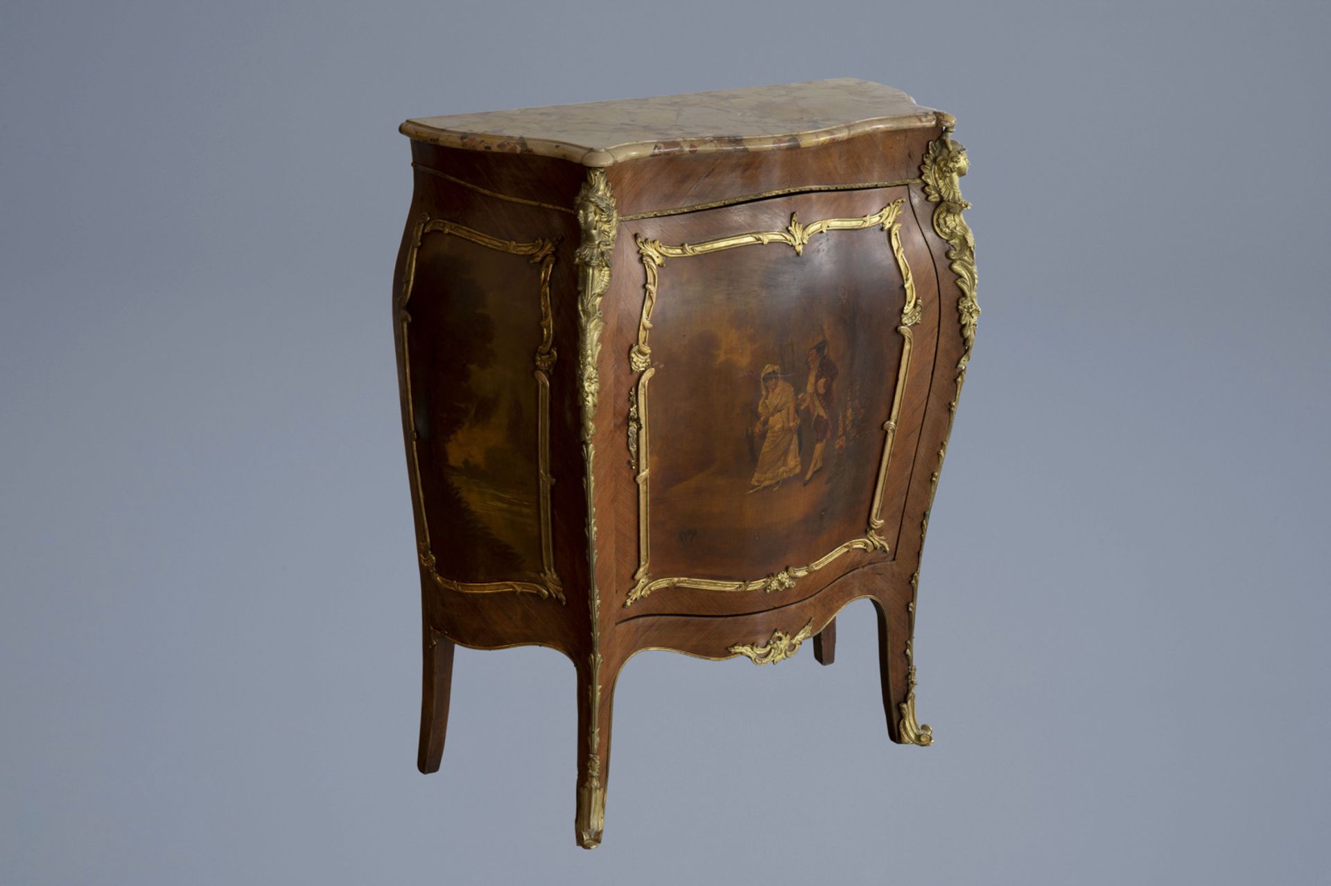 A French gilt bronze mounted Vernis Martin 'meuble d'appui' with brche d'Alep marble top, 19th/20th