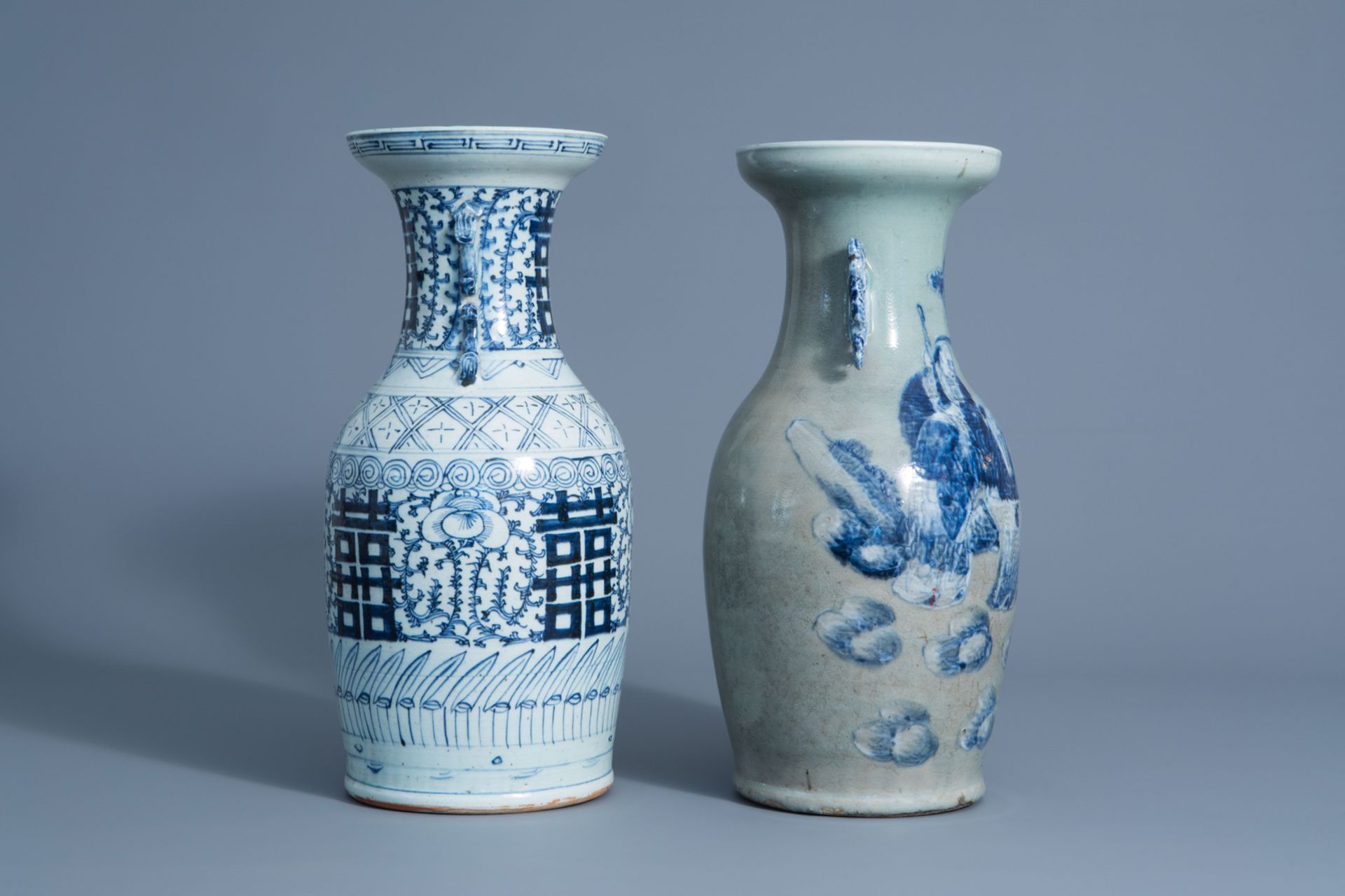 A Chinese blue and white celadon ground 'Immortals' vase and a blue and white 'Xi' vase, 19th/20th C - Image 2 of 6