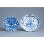 A Dutch Delft blue and white 'Tea tree' dish and an oval platter with floral design, 18th C.