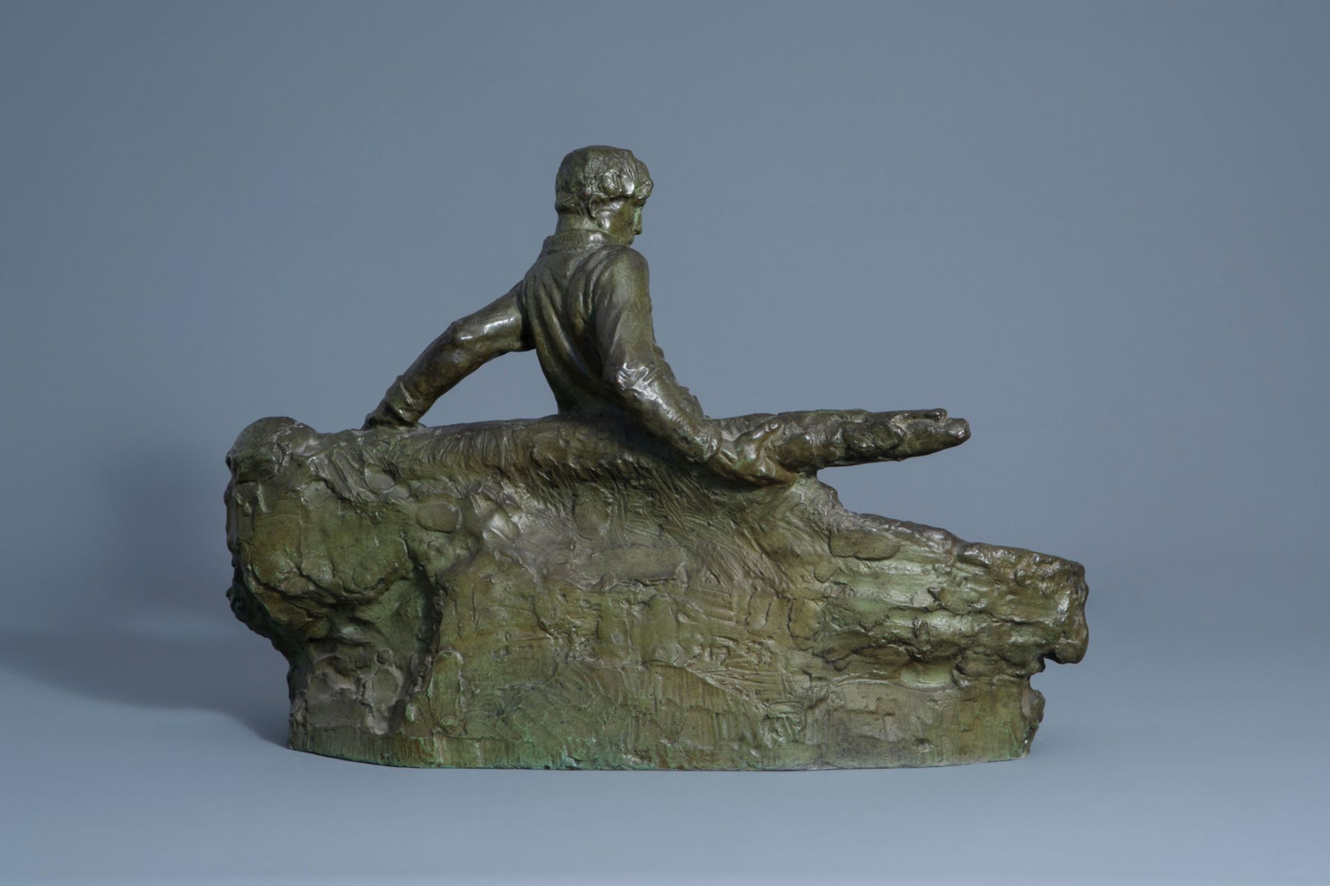 Victor Demanet (1895-1964): Man at the helm on a choppy sea, green patinated bronze - Image 4 of 8