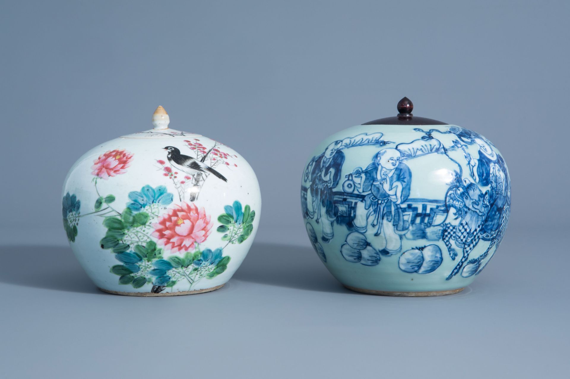 Two Chinese qianjiang cai and blue and white on celadon ground jars and covers with different design - Image 2 of 9