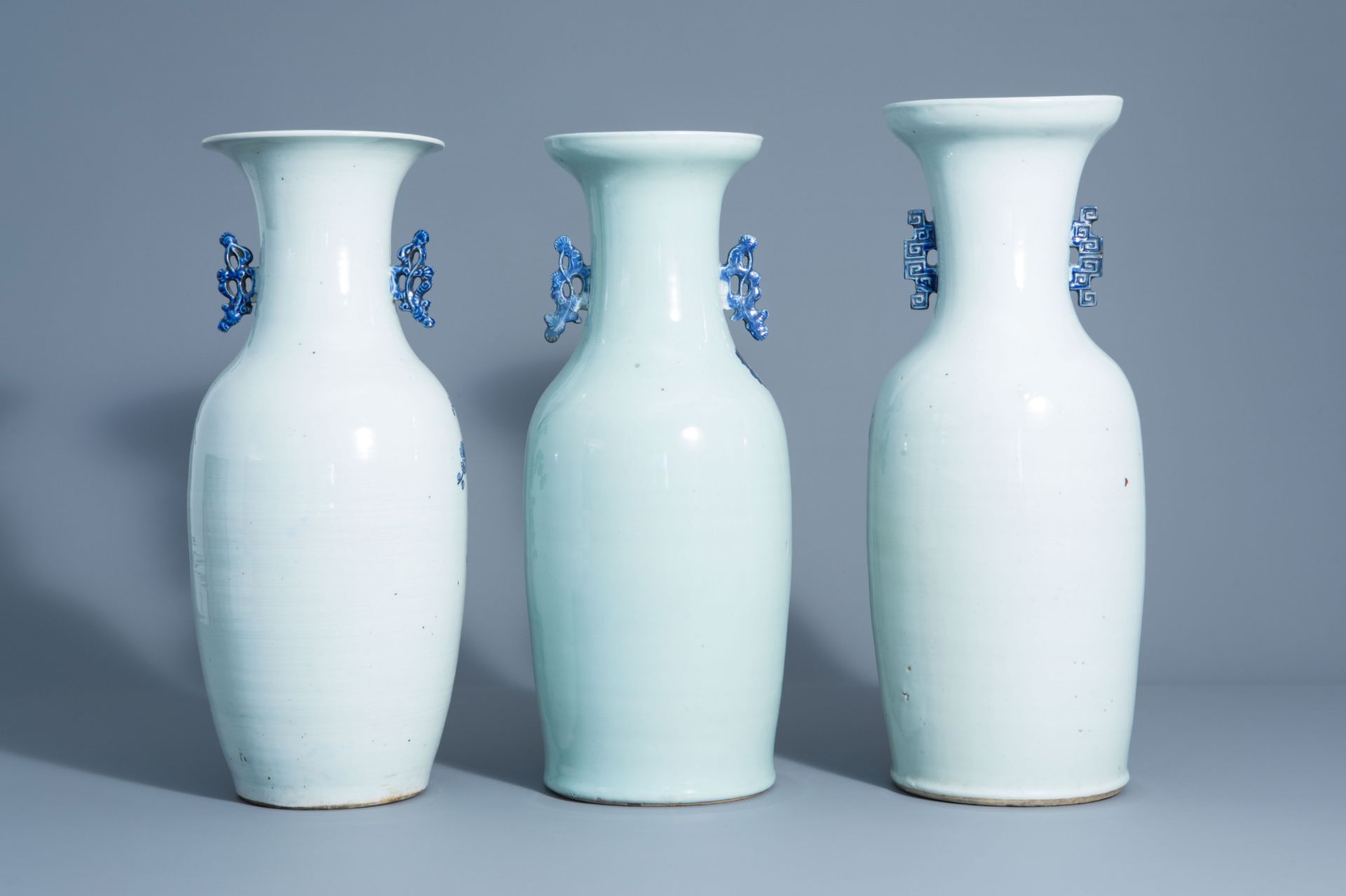 Three Chinese blue and white and celadon ground vases with birds among blossoming branches, 19th C. - Image 3 of 7