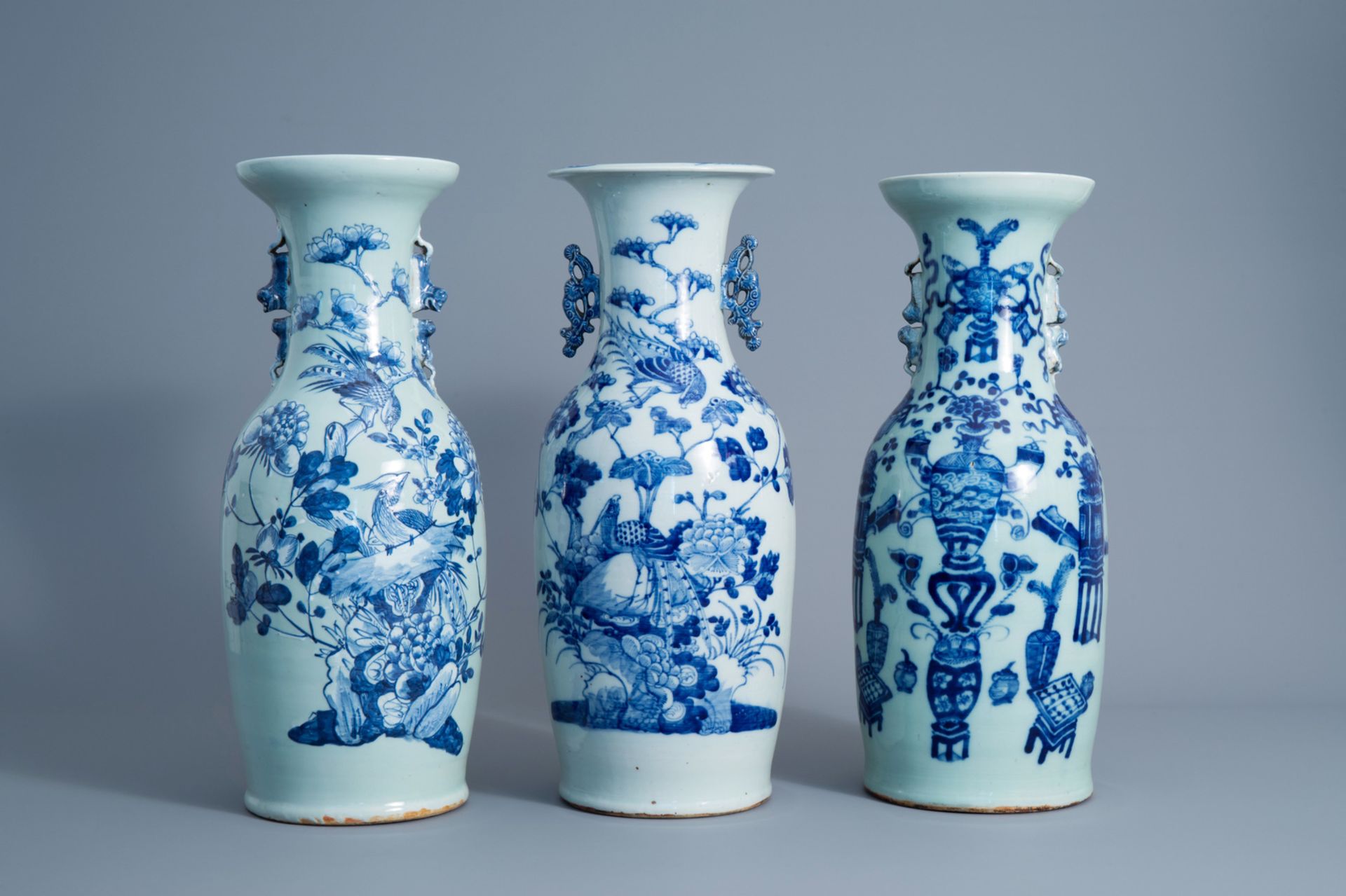 Three Chinese blue and white celadon vases with antiquities and birds among blossoms, 19th C. - Image 2 of 7