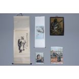Two Chinese Cultural revolution wall tapestries, a reverse glass painting and two prints, 20th C.
