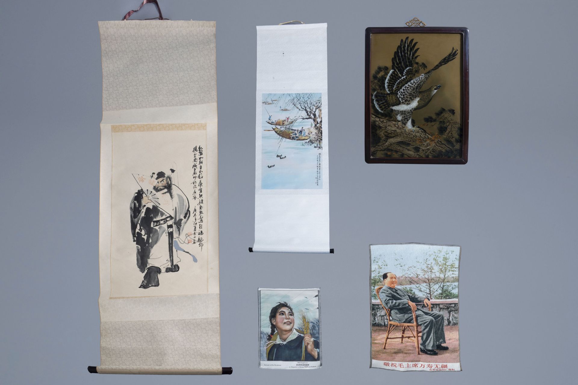 Two Chinese Cultural revolution wall tapestries, a reverse glass painting and two prints, 20th C.