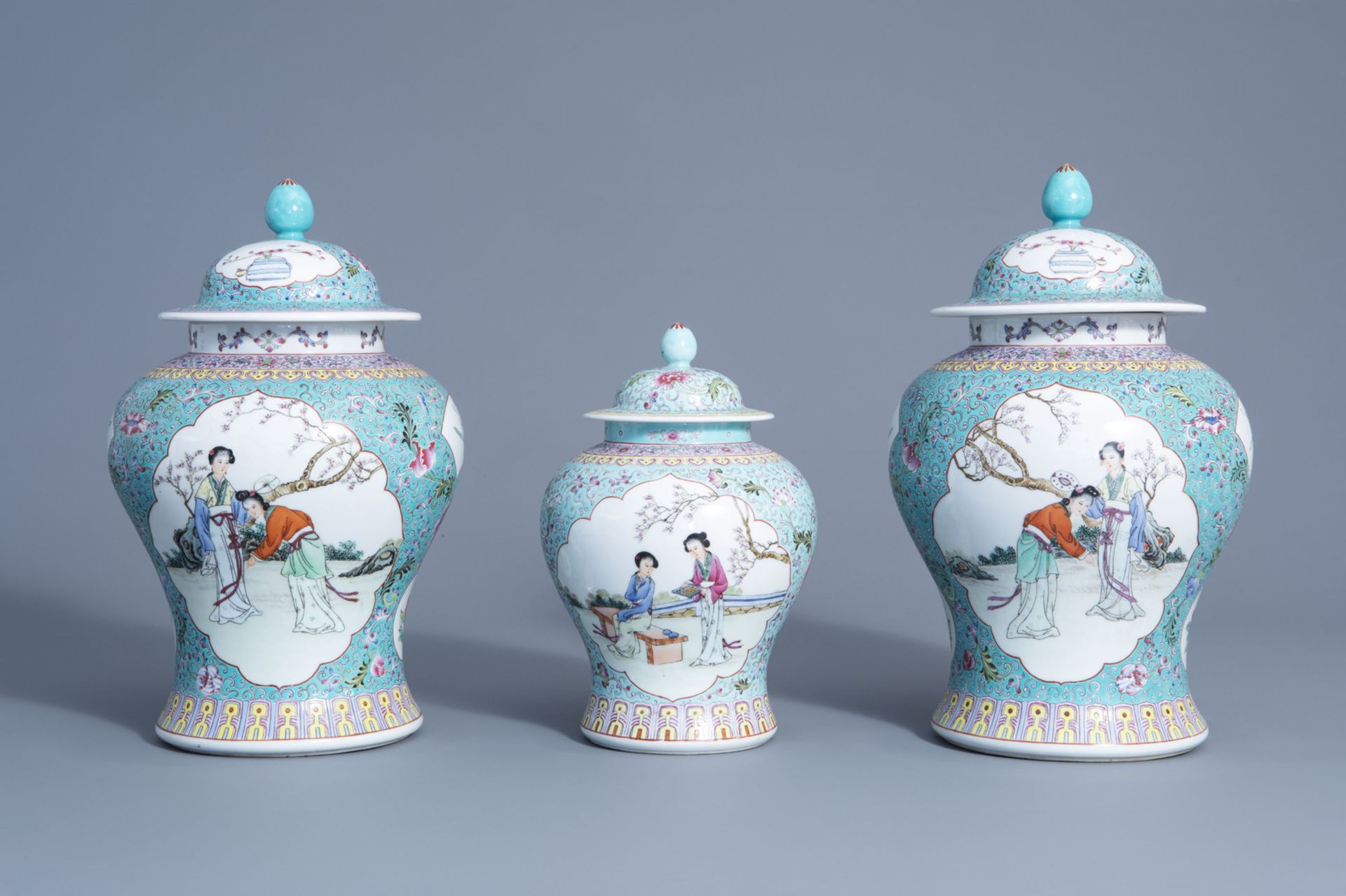 Three Chinese famille rose turquoise ground vases and covers, Qianlong mark, 20th C. - Image 3 of 8