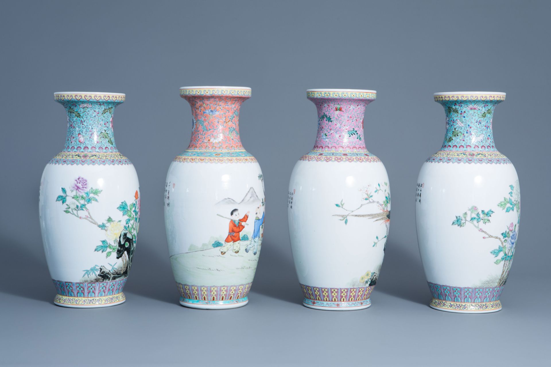A varied collection of ten Chinese famille rose vases, 20th C. - Bild 3 aus 13