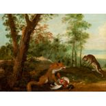 Flemish school, follower of Paul de Vos (1595-1678): A fox with its prey being threatened, oil on ca