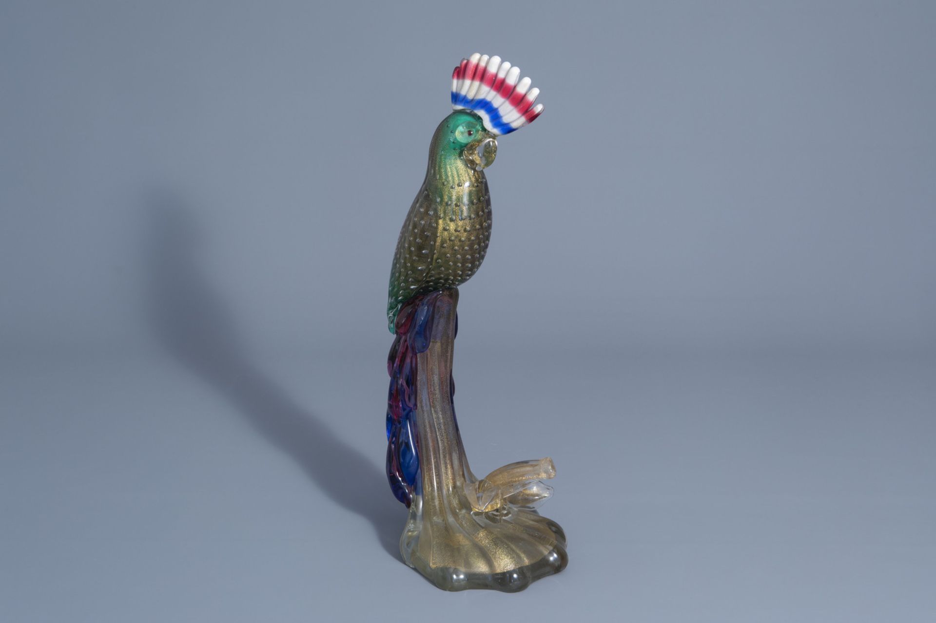 A large Venetian or Murano glass parrot figure with gold inclusions, Italy, 20th C.
