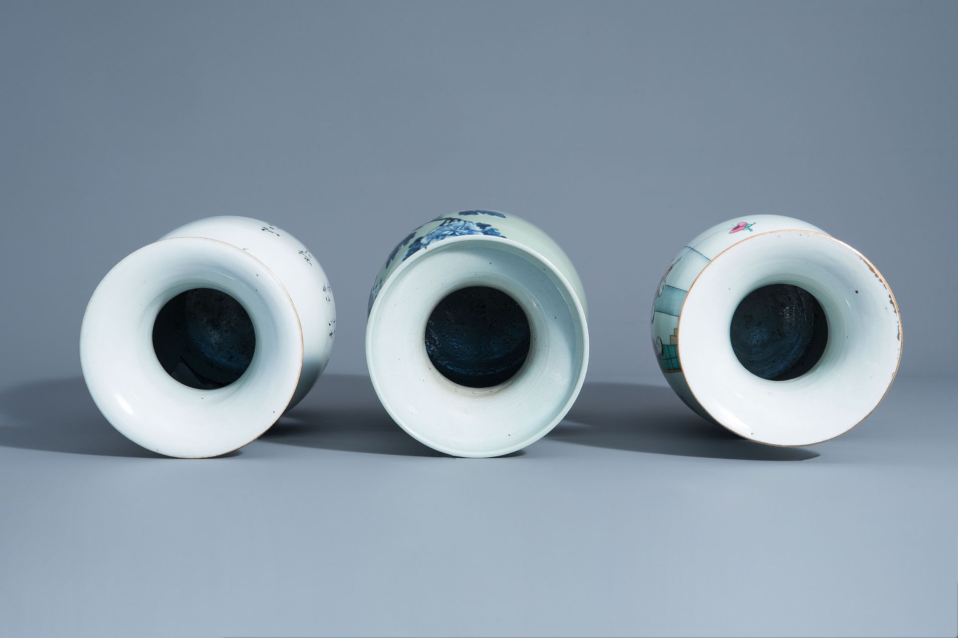 Three various Chinese famille rose and blue and white on celadon ground vases, 19th/20th C. - Image 5 of 6