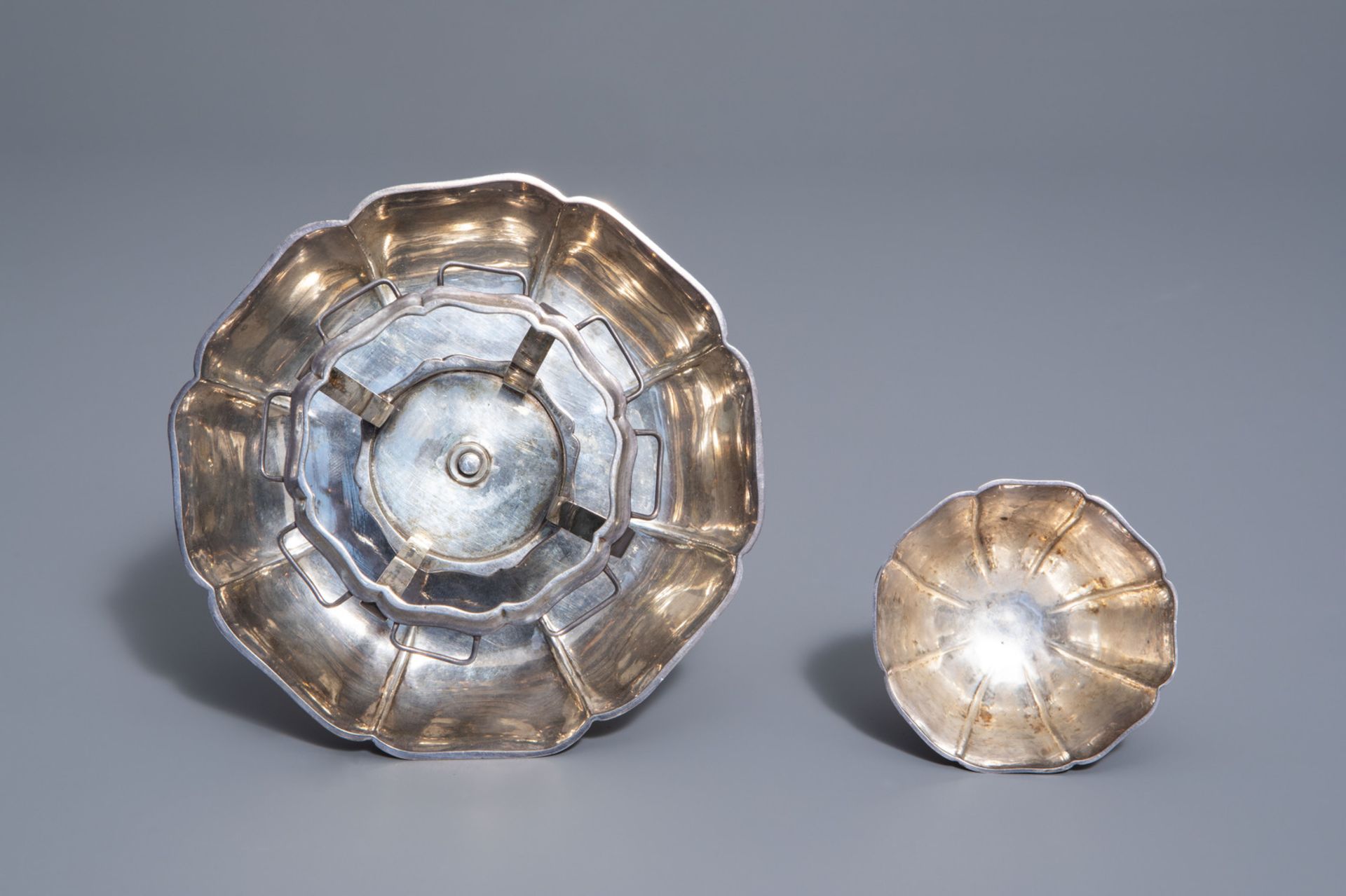 A silver sugar bowl on stand, various marks, 19th/20th C. - Image 7 of 9