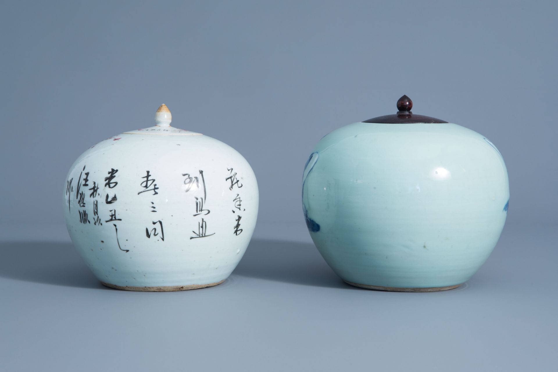Two Chinese qianjiang cai and blue and white on celadon ground jars and covers with different design - Image 4 of 9