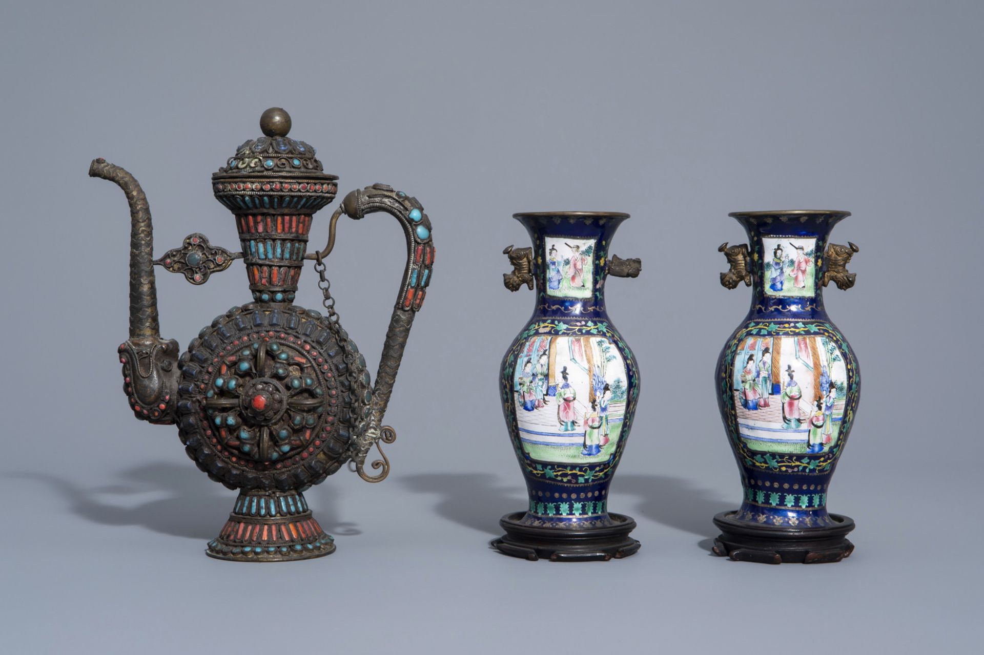 A Chinese silver box and cover with floral design, a pair of cloisonnŽ vases and a Tibetan ewer with - Image 4 of 17