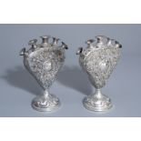 A pair of silver plated heart shaped tulip vases with historical marks, Belgium, 19th C.