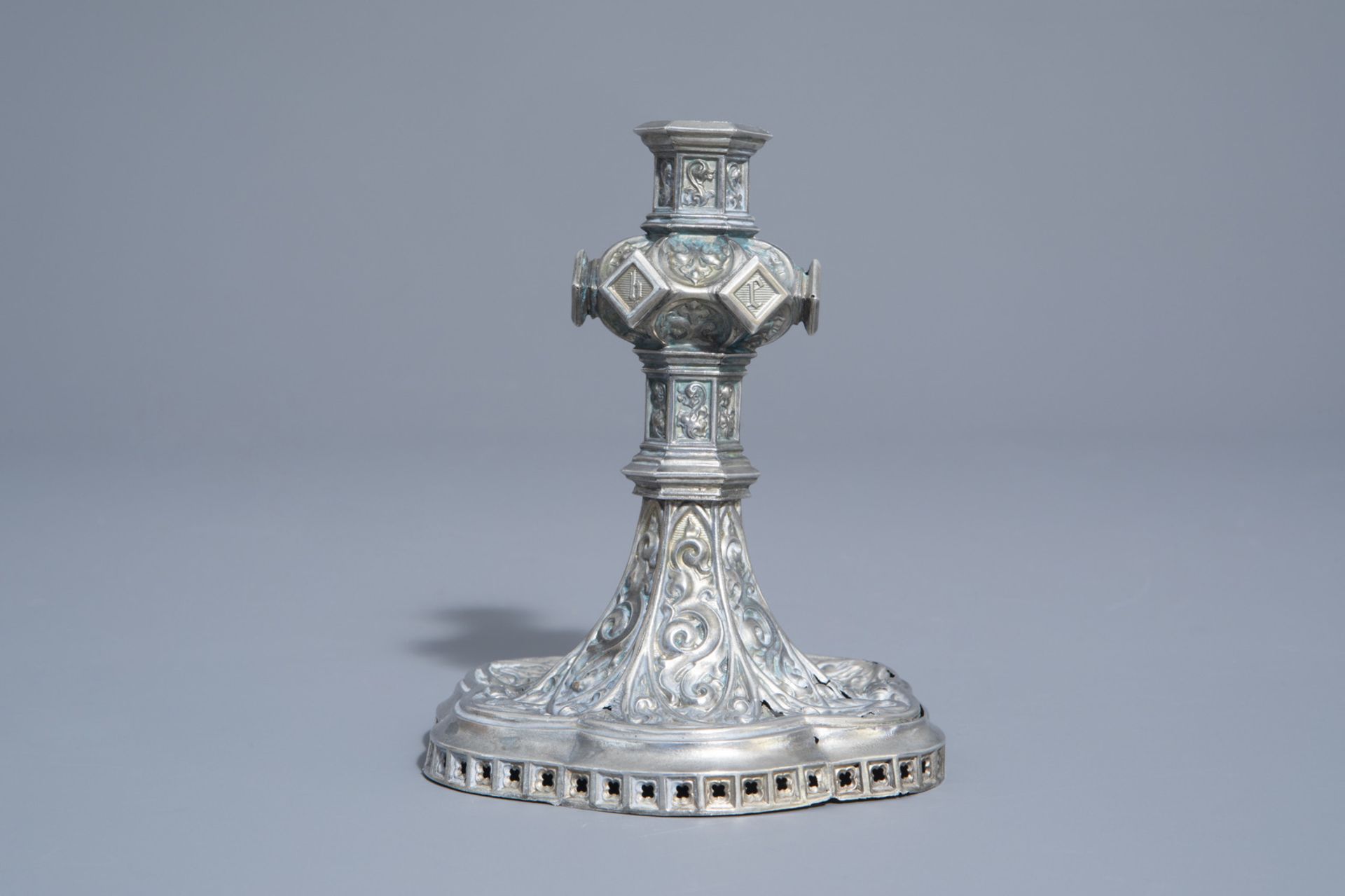 A silver plated Gothic Revival candlestick, France, 19th/20th C. - Image 6 of 19