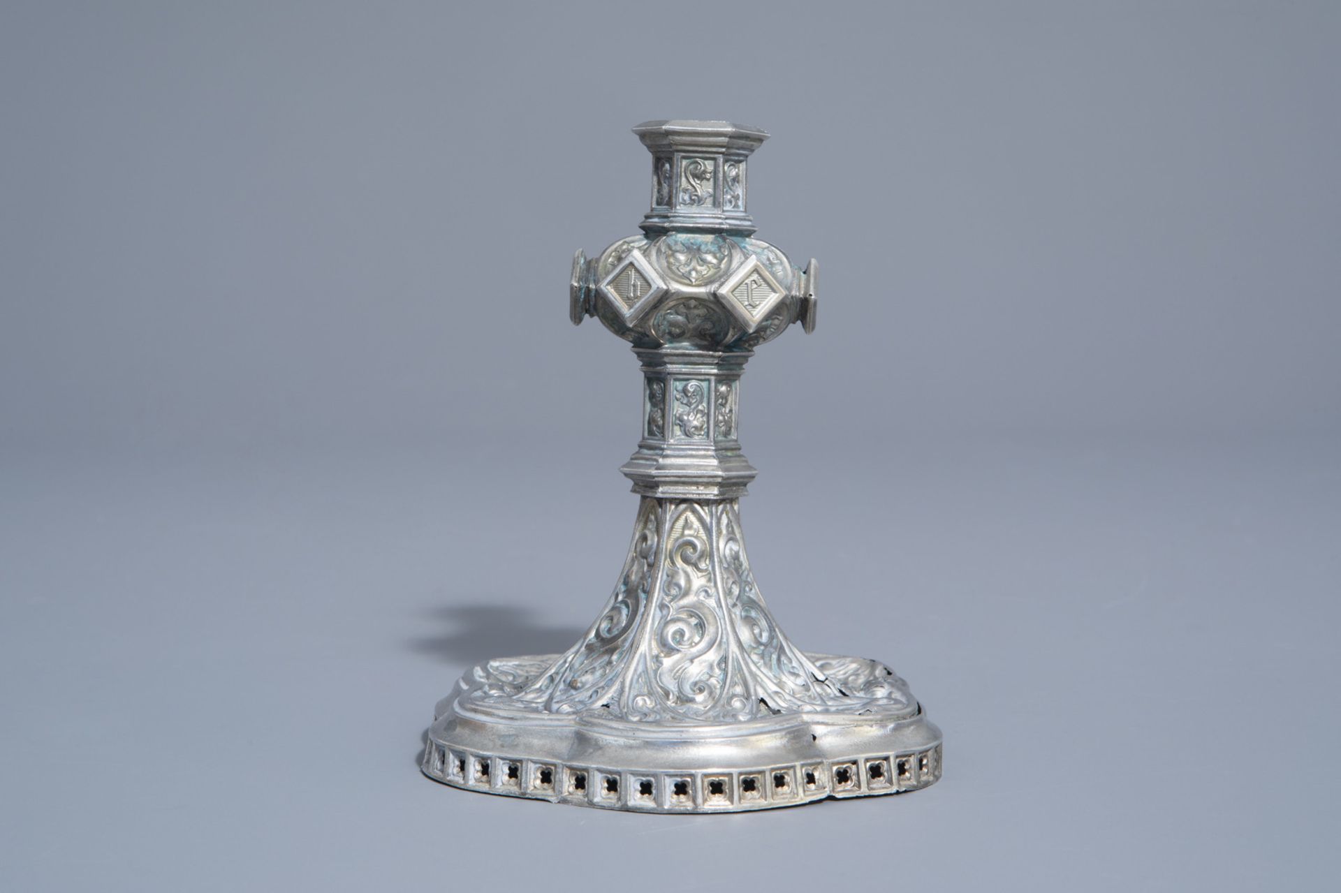 A silver plated Gothic Revival candlestick, France, 19th/20th C. - Bild 6 aus 19