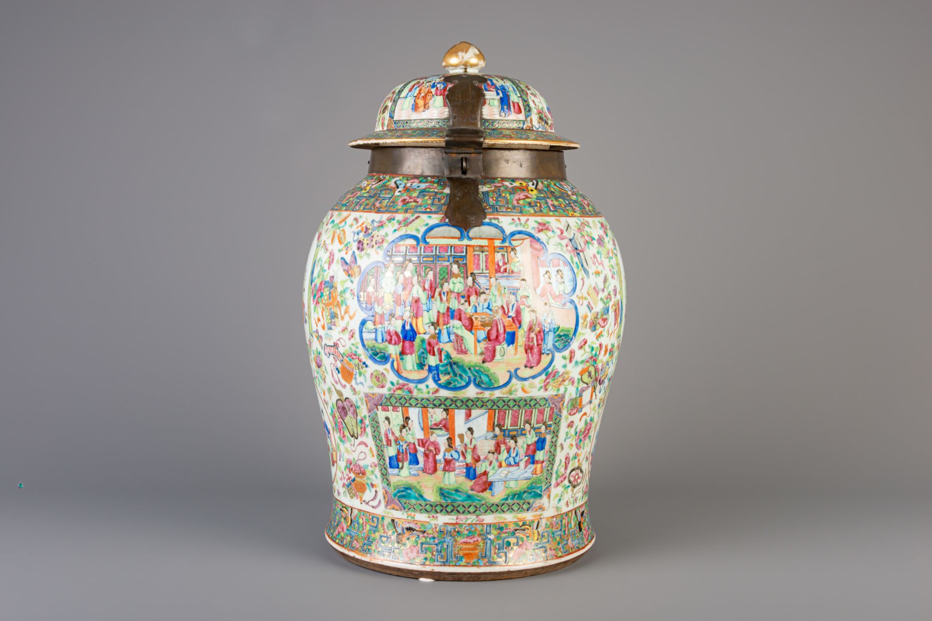 A large Chinese Canton famille rose vase and brass mounted cover, 19th C.